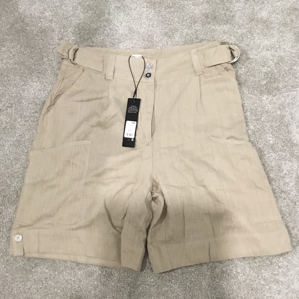 Fashion Nova Women Tan Flat Front Belted Shorts Linen